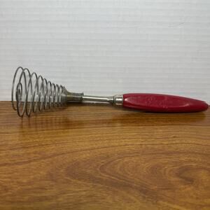 Vintage SIEGLER WARM FLOOR HEATERS Red Wood Handle Whisk 9 1/2” Whirly Whipper